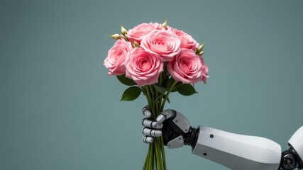 robot hand holding bouquet of roses on plain gray background