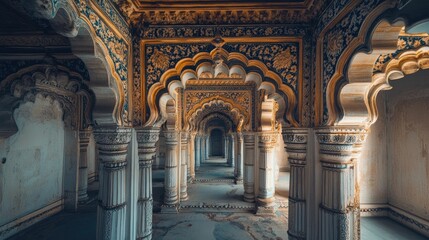 Obraz premium Ornate hallway, arched columns, faded dÃ©cor, ancient architecture.