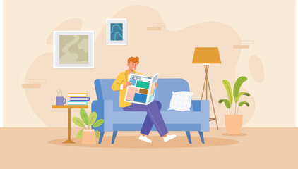 An illustration of relaxed reading in a home environment, featuring a person sitting comfortably in a cozy chair or on a sofa, surrounded by soft lighting, books, and warm decor for a serene atmospher