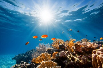 Naklejka premium Underwater scene with coral and colorful fish.