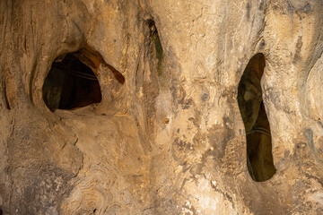 Interior of the large hall of old Karain cave, hidden in Mediterranean region. Confirms human...