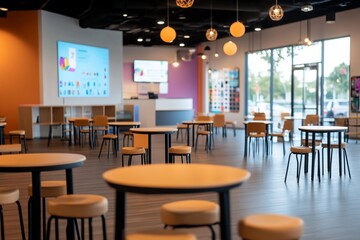 Obraz premium Modern interior of a casual dining space with tables.