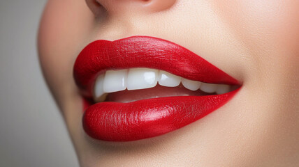 Fototapeta premium Bright red lips with perfect smile, showcasing beauty and confidence