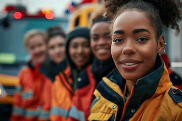A group of diverse female firefighters in uniforms smiling confidently at the camera, showcasing teamwork and strength.