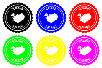 Iceland - rubber stamp - vector, Iceland map pattern - sticker - black, green, yellow, purple, blue and red