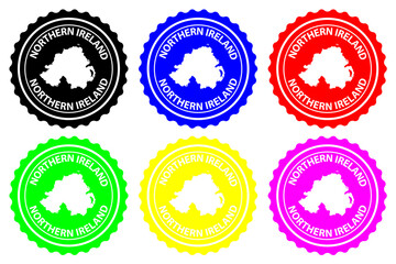 Northern Ireland - rubber stamp - vector, Northern Ireland map pattern - sticker - black, blue, green, yellow, purple and red