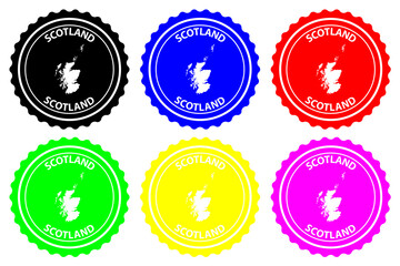Scotland - rubber stamp - vector, Scotland (Alba) map pattern - sticker - black, blue, green, yellow, purple and red