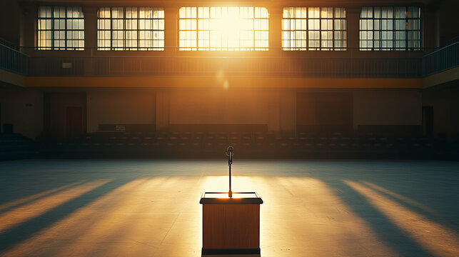 Microphone on a pedestal in an empty auditorium, illuminated by warm sunlight, symbolizing Labor Day speeches and community engagement