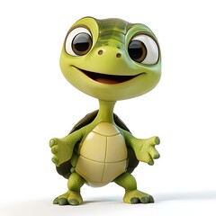 Adorable cartoon baby turtle with big eyes, standing on white background.
