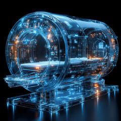 A futuristic MRI machine with a transparent interface