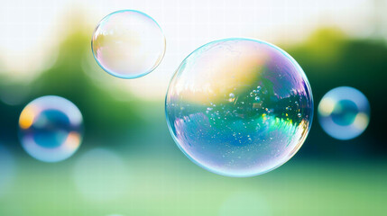 Colorful soap bubbles floating in a serene outdoor setting