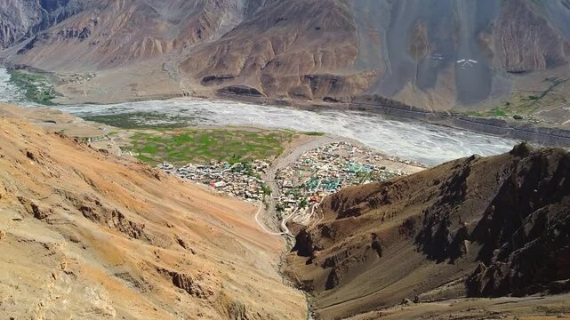 An aerial view of the beautiful kaza town from dhar lung wooh in spiti valley, himachal pradesh in India.