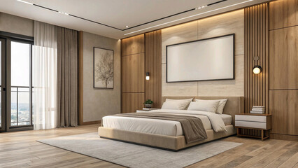 A contemporary bedroom with a neutral color palette and a focus on natural light and texture