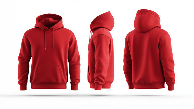 Pullover red hoodie mockup back, front and side view isolated on white background for brand presentation

