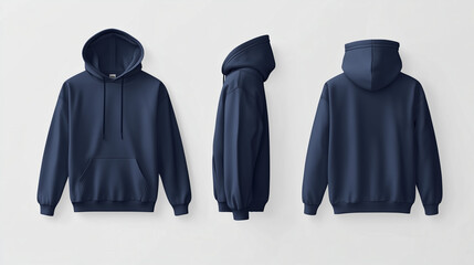Pullover navy blue hoodie mockup back, front and side view isolated on white background for brand presentation



