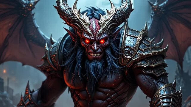 Powerful demonic figure with large horns, wings, and ornate armor, set against a dark, fiery landscape.