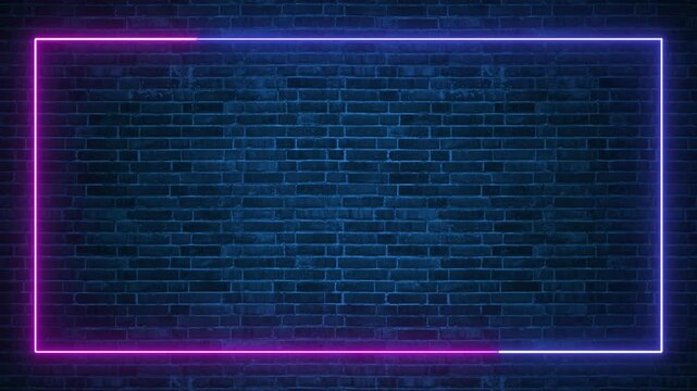neon lights pink and blue square frame on brick wall motion background,abstract technology and futuristic blank social media design element