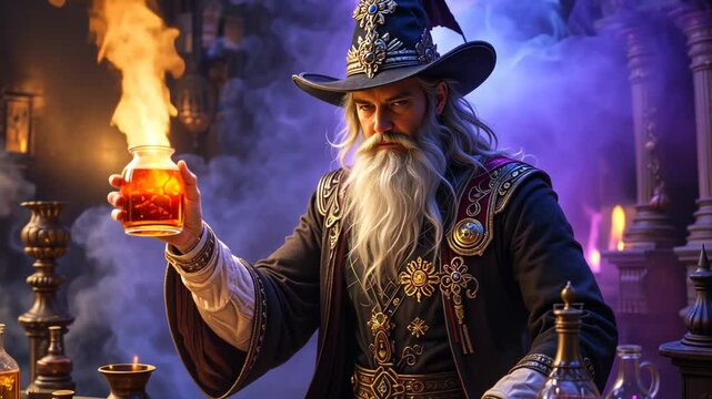 An elderly, long-bearded wizard examines a fiery potion in his dimly lit laboratory.