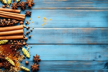 Fototapeta premium A colorful arrangement of spices and herbs on a blue wooden surface.