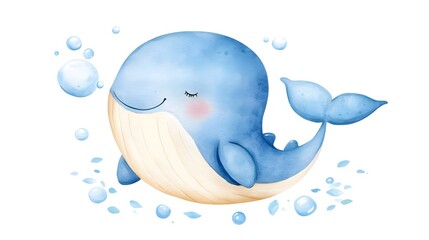 Naklejka premium Adorable Little Whale in Watercolor Style Surrounded by Bubbles