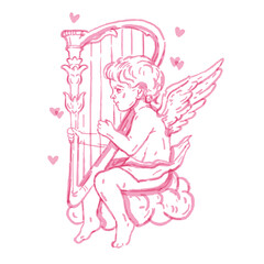 Valentine cupid hand drawn illustration, cherub watercolor doodle, cute vector pink baby angel cloud. Romantic child cartoon character heaven boy with wings tattoo print, harp. Valentine cupid clipart