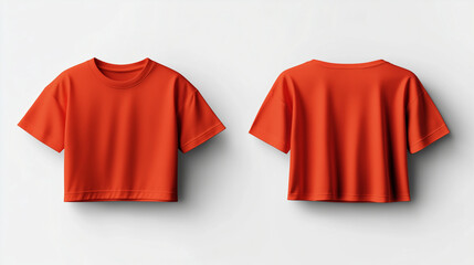 Orange cropped t-shirt mockup back and front view isolated on white background for brand presentation

