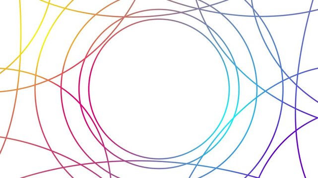 Animated colorful decorative wavy lines is drawn. Linear background with circle copy space. Looped video. Vector illustration isolated on white background.
