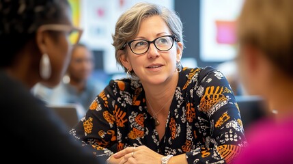 A woman with grey hair and glasses smiles as she listens to someone in an office setting.
