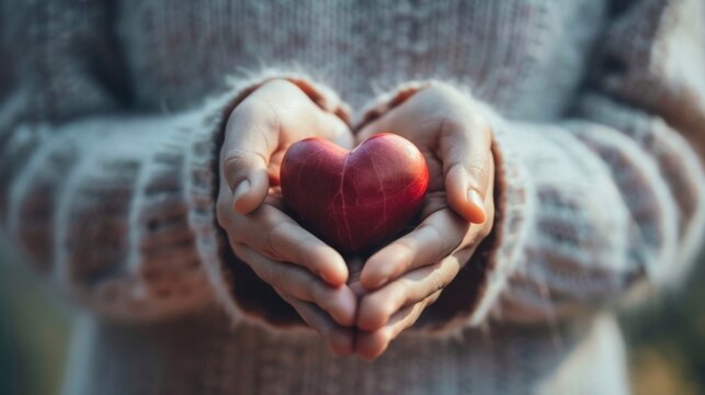 Close-up of hands gently holding a red heart symbolizing care, love, and compassion in a serene setting.