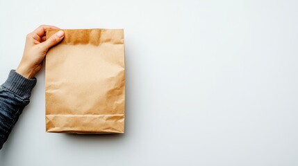 Fototapeta premium Female Hand Holding a Paper Bag: Mockup Template for Shopping and Delivery Services, E-commerce, and Retail Concept