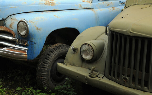Parts of Pobeda sedan and UAZ off-road vehicle