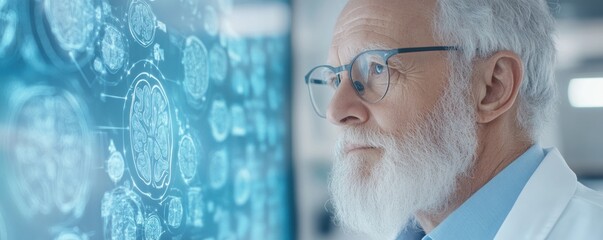 A doctor is shown here consulting medical images, depicting the brain activity and abstract memory symbols related to amnesia, thus emphasizing the importance of medical care for cognitive disorders
