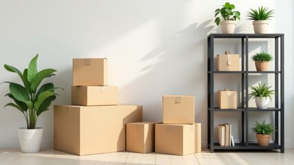 bright room with a tall stack of cardboard boxes