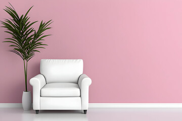 modern white armchair beside green plant against pink wall