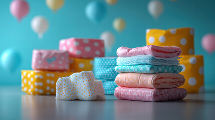 Colorful disposable diapers and baby wipes on table with playful balloon background