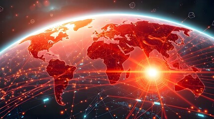 Fototapeta premium Epic scene showcasing modern future technology global network connection, digital transformation, big data, networking, and data science. Massive scale heroic elements with amazing lens glow lighting 