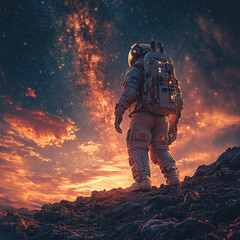 A high-tech astronaut exploring the surface of Mars under a star-filled sky