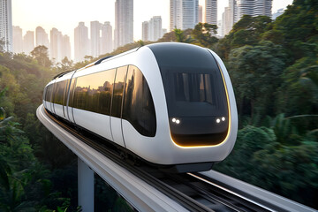 Obraz premium modern train gliding through lush urban landscape at sunset
