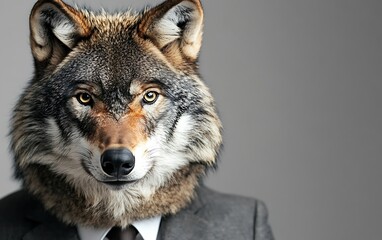 Fototapeta premium Wolf head on businessman's body, serious expression, gray background.