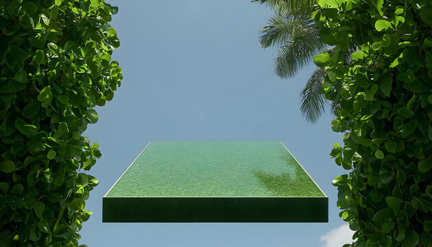 floating green platform surrounded by lush greenery and blue sky - Powered by Adobe