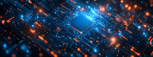 Fototapeta premium A blue digital background featuring an isometric view of a microchip with glowing lights and interconnected connections