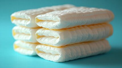 Stack of neatly folded baby diapers on blue background