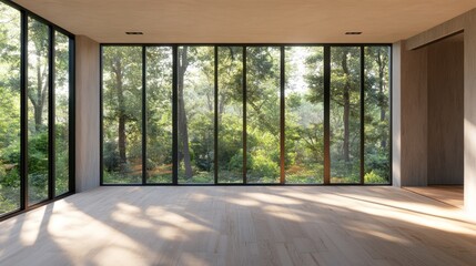 Serene Sunlight Illuminates Modern Room with Expansive Forest View