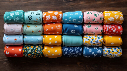 Colorful cloth diapers with floral and patterned designs arranged on wooden surface