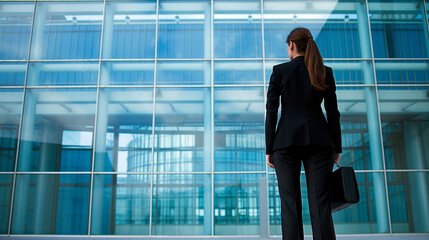 Fototapeta premium Businesswoman stands before a modern glass building