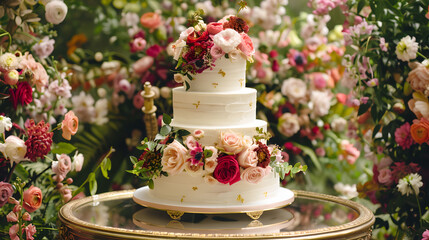Elegant Floral Wedding Cake in a Garden Setting