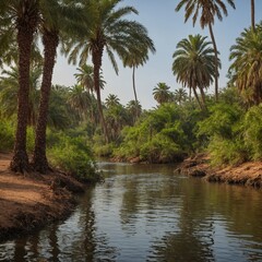 Obraz premium A peaceful riverbank lined with tamarind and date palms.