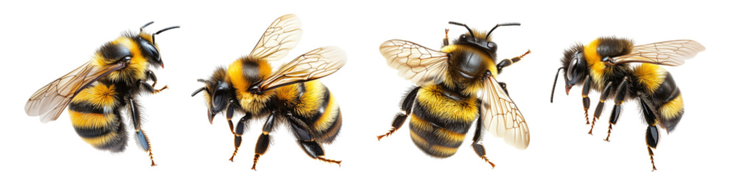 Bee from different sides. Insect that pollinates flowers. Beekeeping, honey bees. Isolated set on white and transparent background