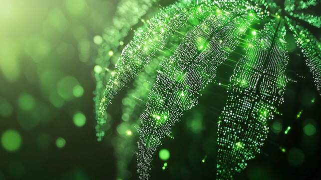 A glowing green and white abstract representation of the endocannabinoid system featuring cannabis plant motifs Stock Photo with side copy space