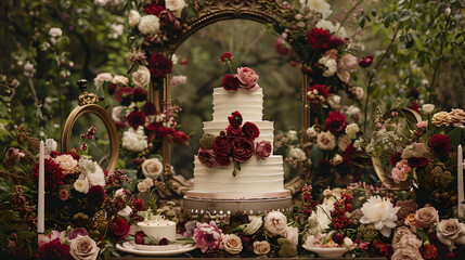 Elegant Floral Wedding Cake in a Garden Setting